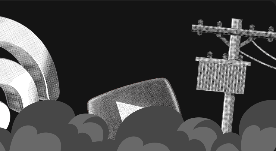 Wi-Fi signal, YouTube logo and electricity poles in halftone style