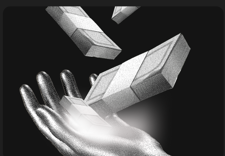 Metallic hand catching falling cash bundles