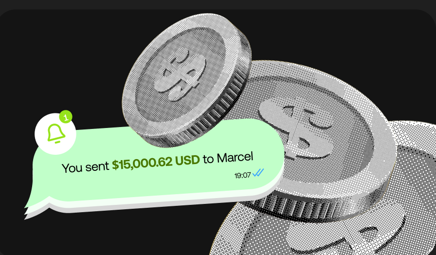 Halftone coins with a WhatsApp message: You sent $15,000.62 USD to Marcel